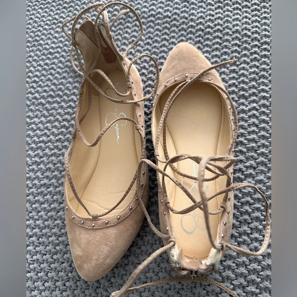 Jessica Simpson Taupe Lace-Up Suede Studded Flats - Picture 3 of 12